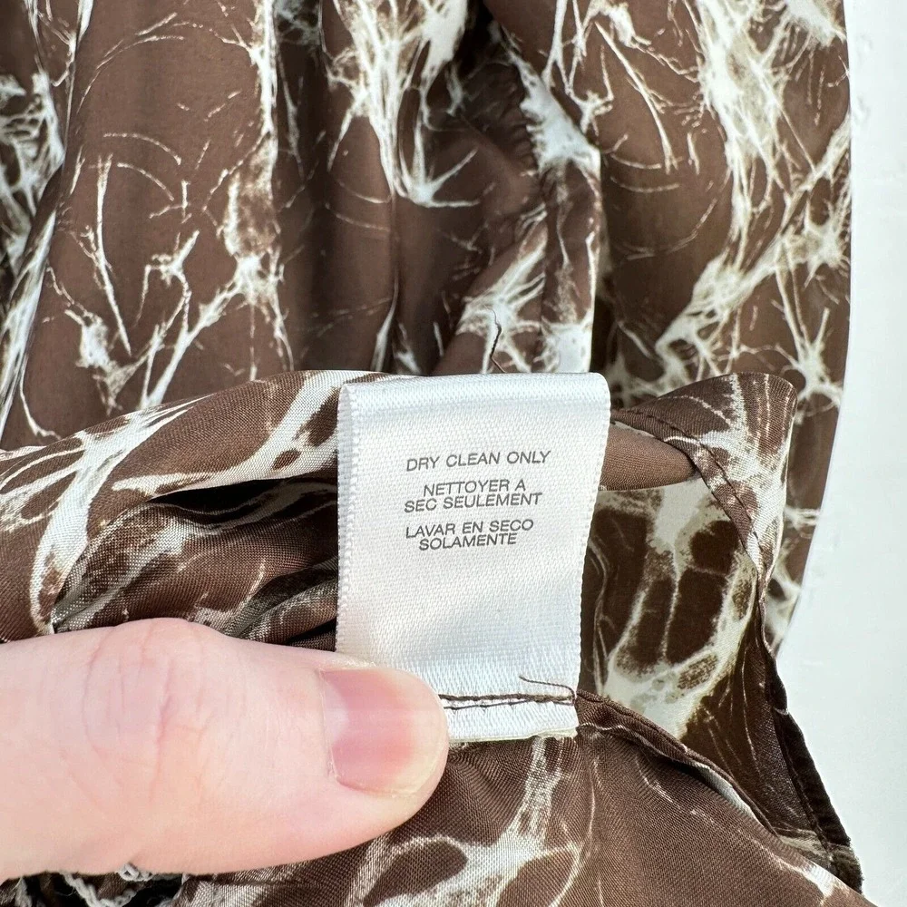 Michael Kors Silk Blouse Womens Top L Brown‎ Cream Goldtone Tie Smocked Waist